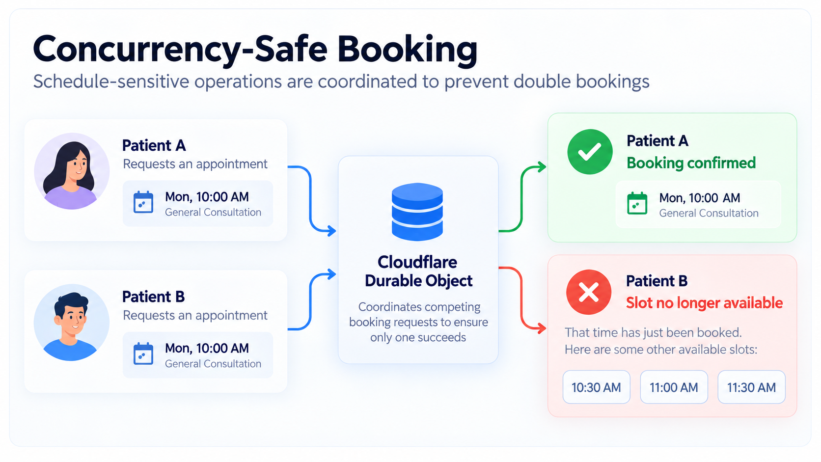 Concurrency-safe appointment booking prevents two patients from reserving the same clinic time slot.